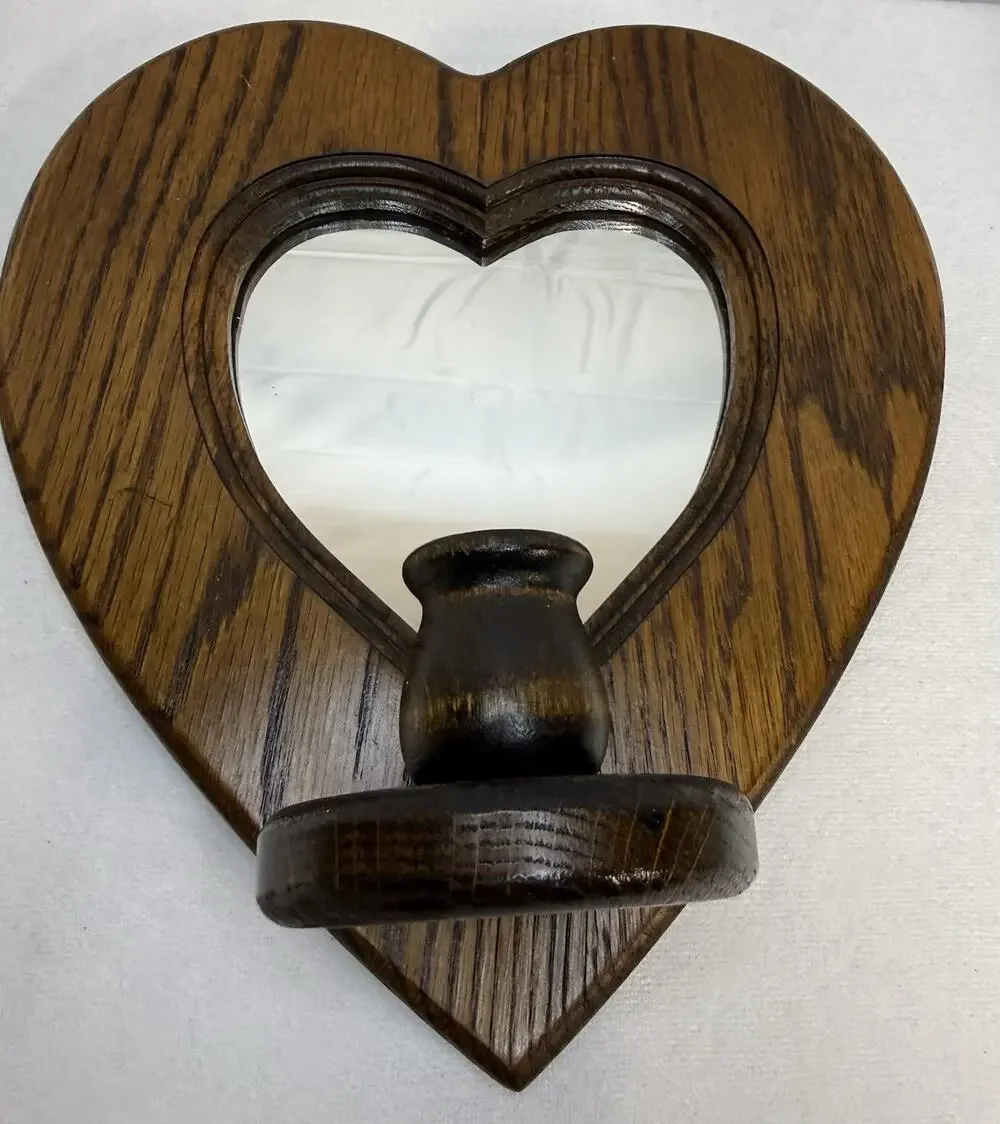 VTG Solid Oak Heart Wall Sconce Wooden Mirror Cottagecore Grannycore Candle